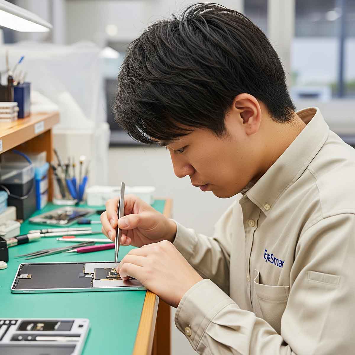 技術者がiPadの画面を修理している様子