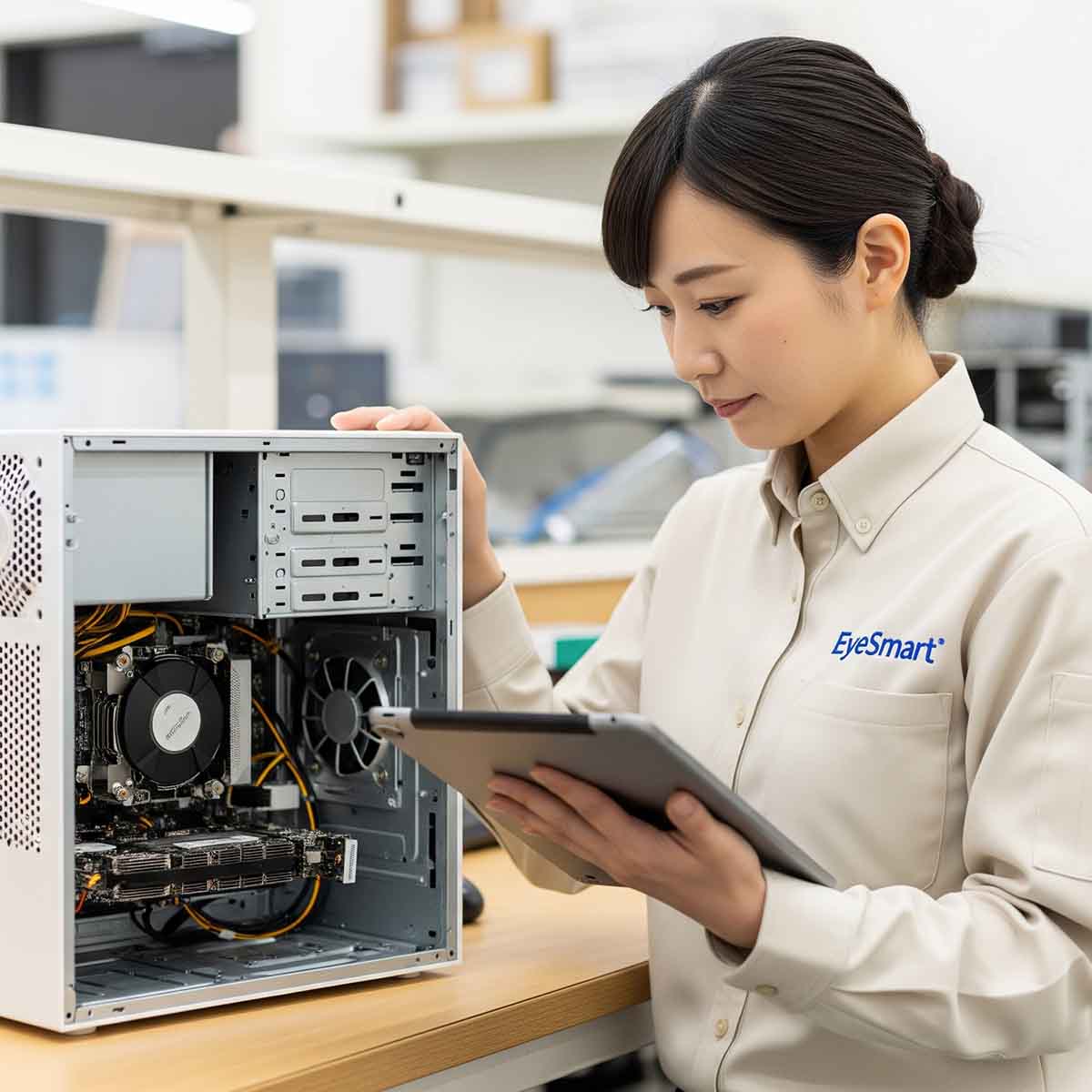 郵送されたデバイスを確認し、見積もりを作成している写真