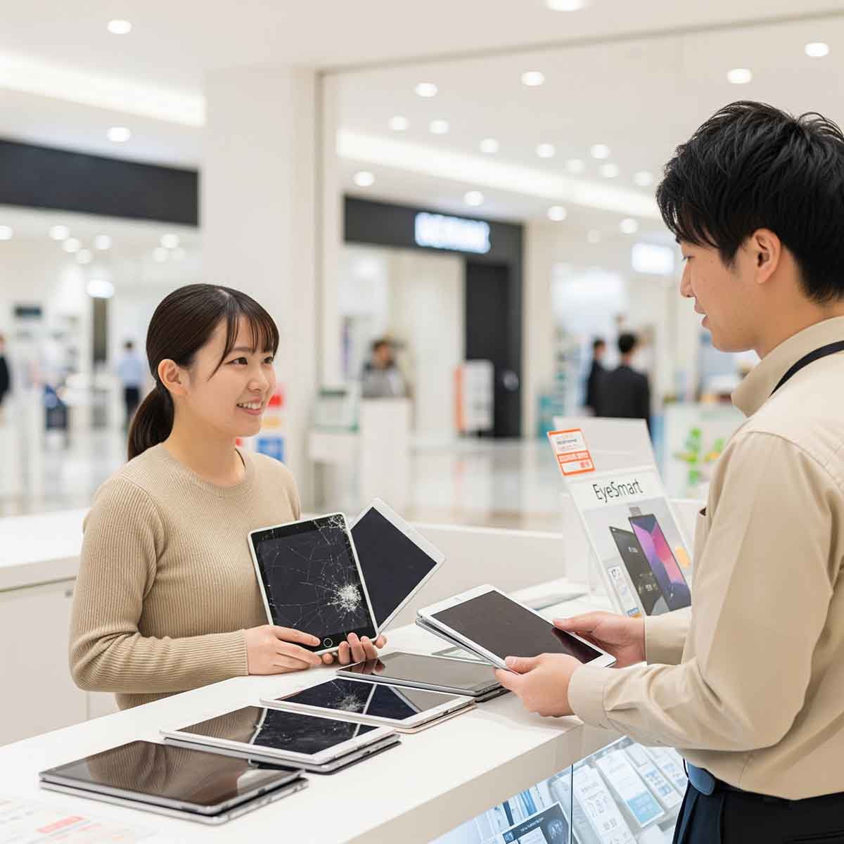 EyeSmart店舗の受付でスタッフがお客様に対応している様子