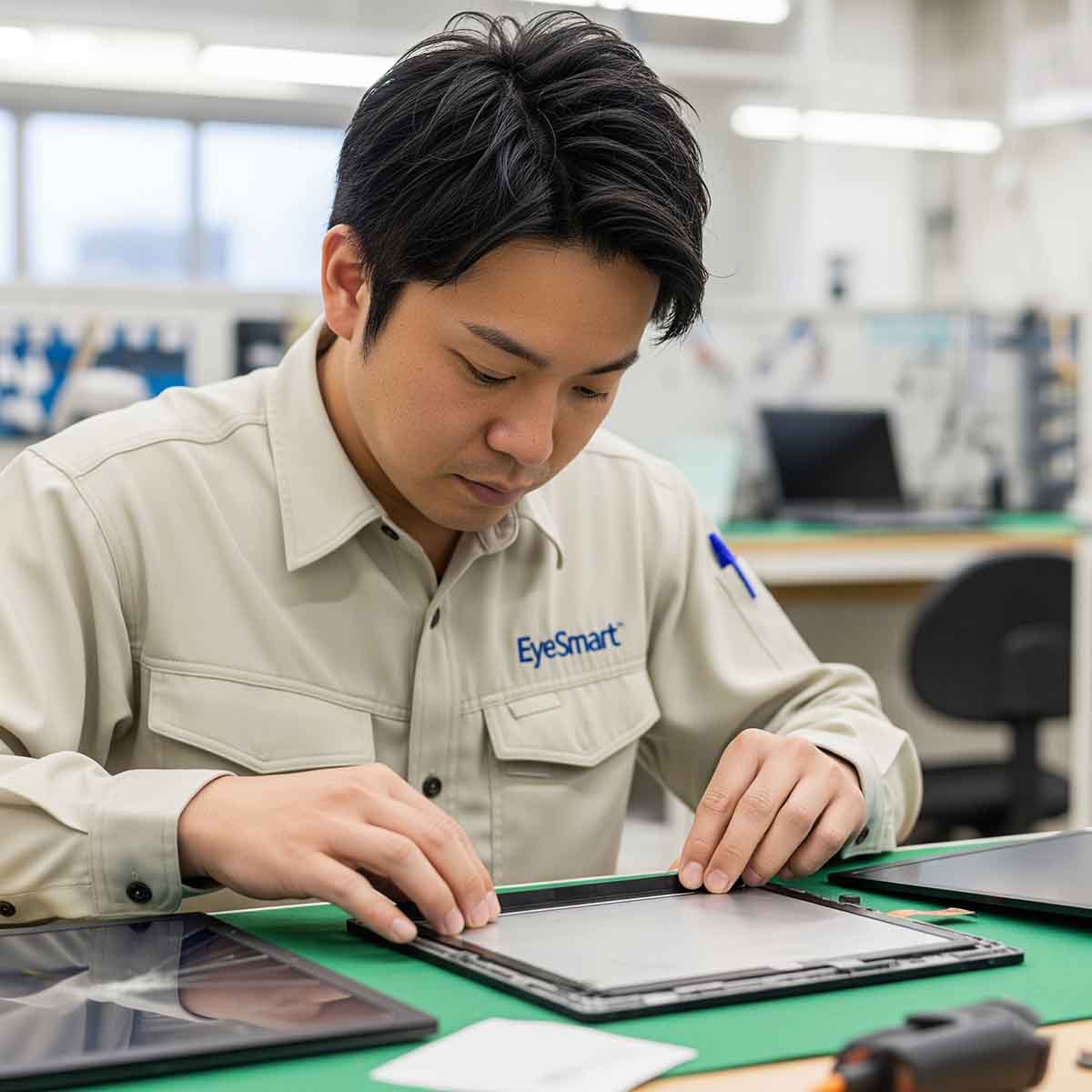 EyeSmartの店舗でPCやスマホの修理・査定を行っている様子