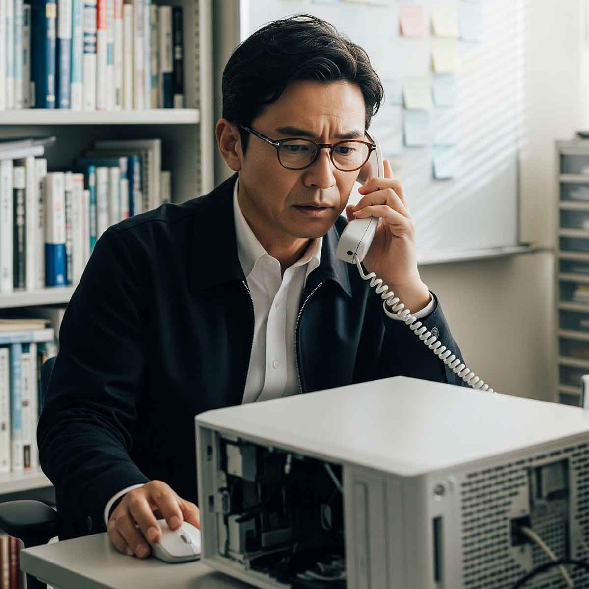 郵送修理について電話で問い合わせている様子