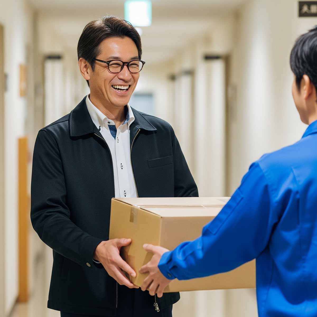 修理完了したデバイスが梱包された箱をお客様が笑顔で受け取っている写真